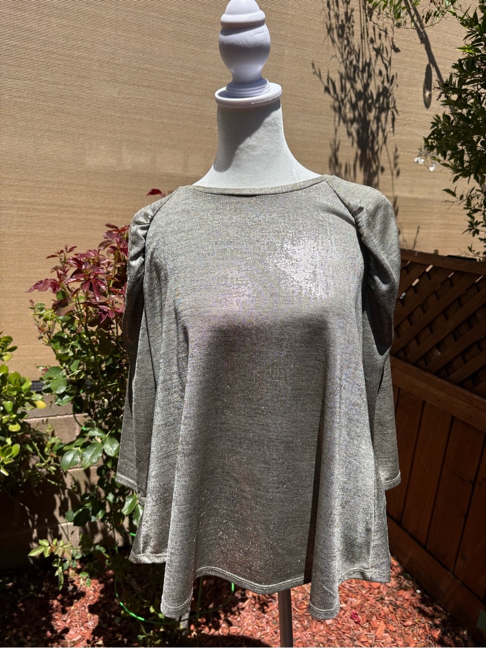 Fourteenth Place Metallic Silver Shimmer Tunic Top Ruched Sleeve M